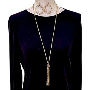 Set of long gold tone necklace topaz beaded tassel & pierced dangle earrings